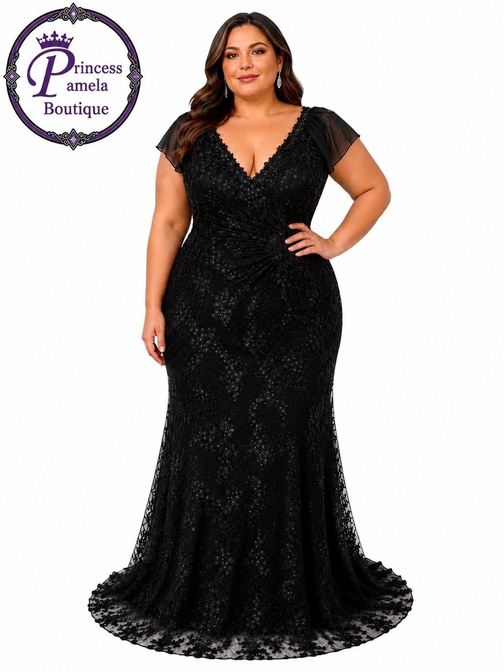 #1-13 Black embroidered  lace floral appliqué sleeveless maxi dress